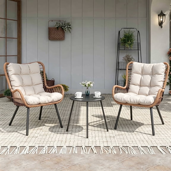 KAMEROUT 3‑Piece Outdoor Wicker Bistro Set, Small Patio Furniture with 2 Chairs & Round Coffee Table, Beige Cushions for Balcony Front Porch Lawn Garden, Balcony