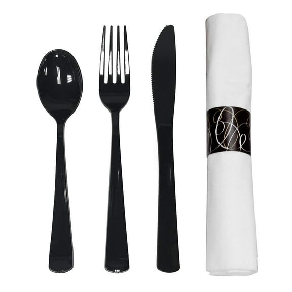 Pre-Rolled Disposable Extra Heavy Duty Plastic Cutlery Kit with Black Fork/Knife/Spoon and 3-Ply White Napkin (Case of 100 rolls)
