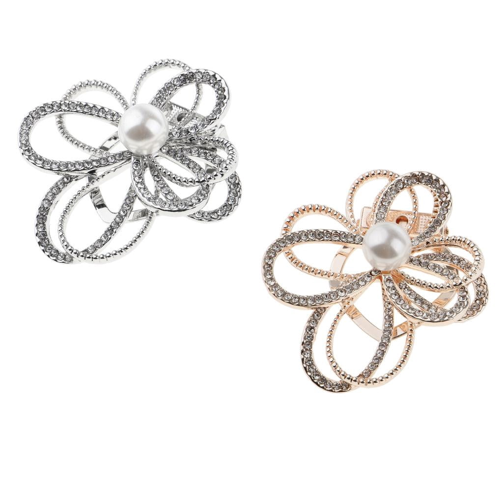 Segolike 4xCrystal Flower with Imitation Pearl Scarf Buckle Brooch 2 in 1 Gold 4 Pcs
