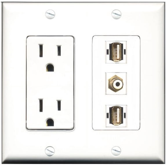 RiteAV - 15 Amp Power Outlet 1 Port RCA White 2 Port USB A-A Decorative Wall Plate