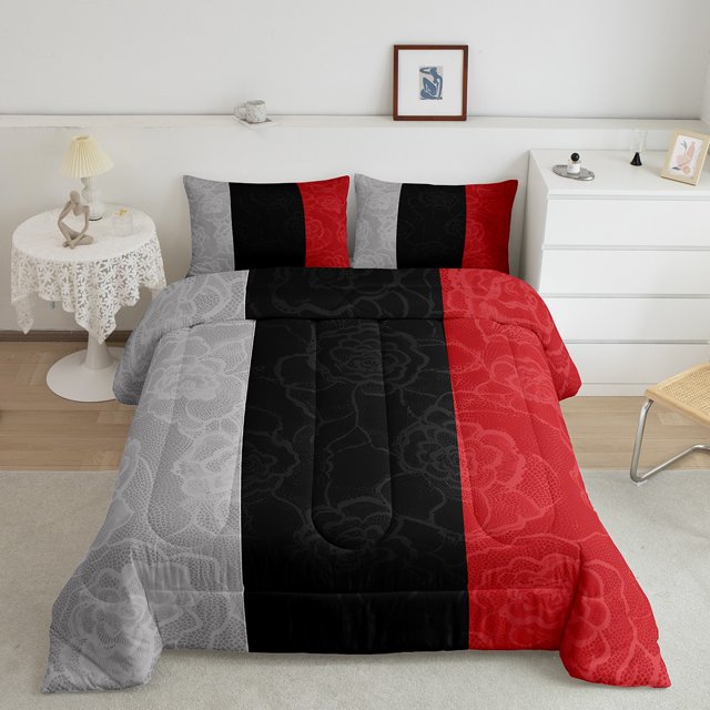 Erosebridal Ensembles de Literie à Imprimé de Roses Simple avec Couette, Insert de Couette Noir Rouge Gris, Déco Chic à Rayures Géométriques, Super Douillet