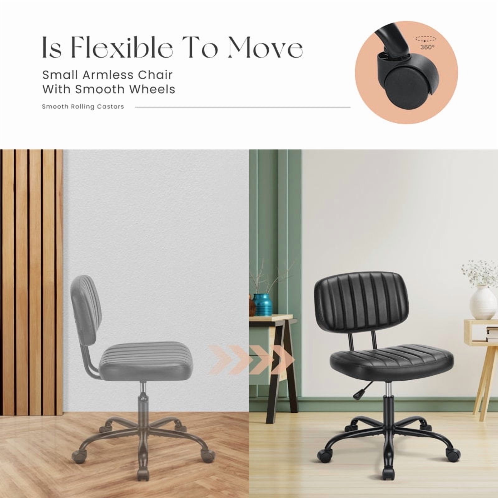 Desk Chair, Armless Activity Chair with Wheels, Comfy Low Back Swivel Task Chair, Black