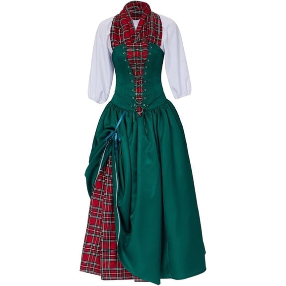 Women‘s Highland Scottish Red Plaid Green Dress Civil War Southern Belle Gown Christmas Caroler Set