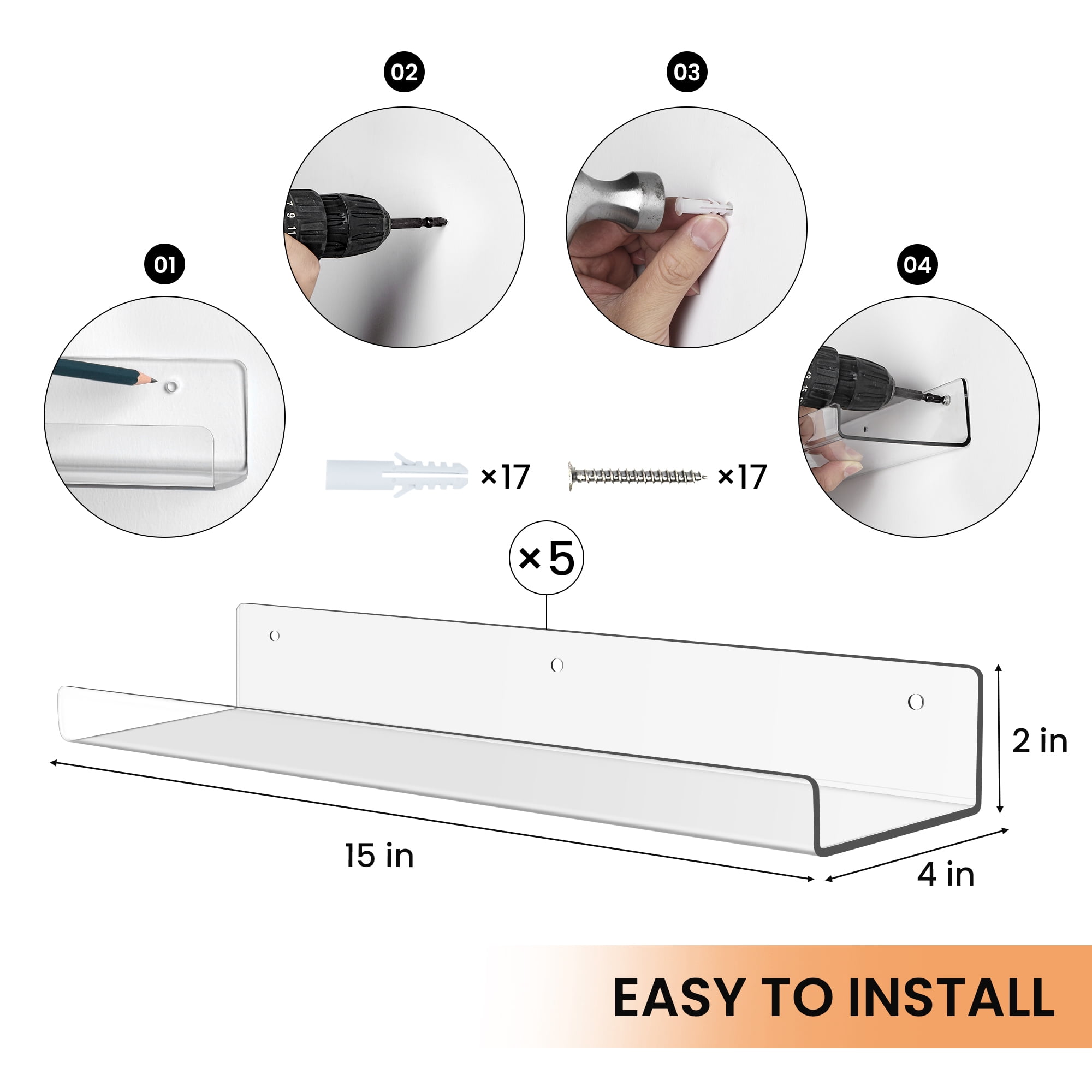 Sindcom 15" Acrylic Floating Shelves Wall Mounted, 5pack Clear Acrylic Shelves, for Bedroom, Living Room, Bathroom, Kitchen