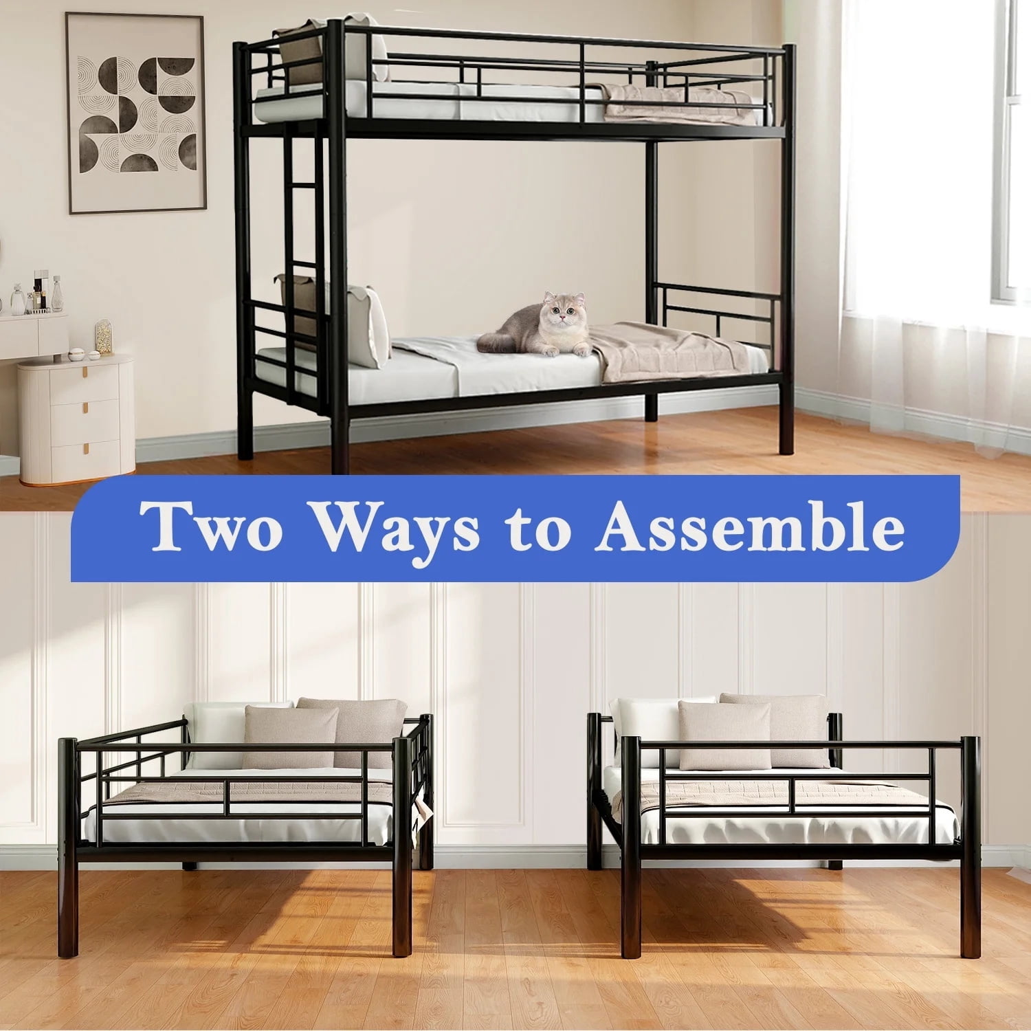 Alvantor Twin over Twin Bunk Beds for Kids Teens, Convertible 2 Beds, Easy Assembly, Load-Bearing 350lb Black