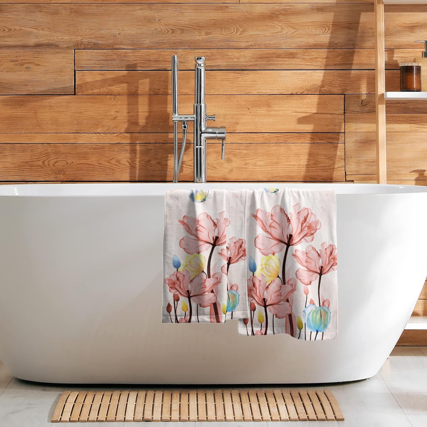 Pink Floral Hand Towels Set of 2 Modern Flower Soft Absorbent Small Decorative Fingertip Face Towel for Bathroom Kitchen Hotel Spa Gift