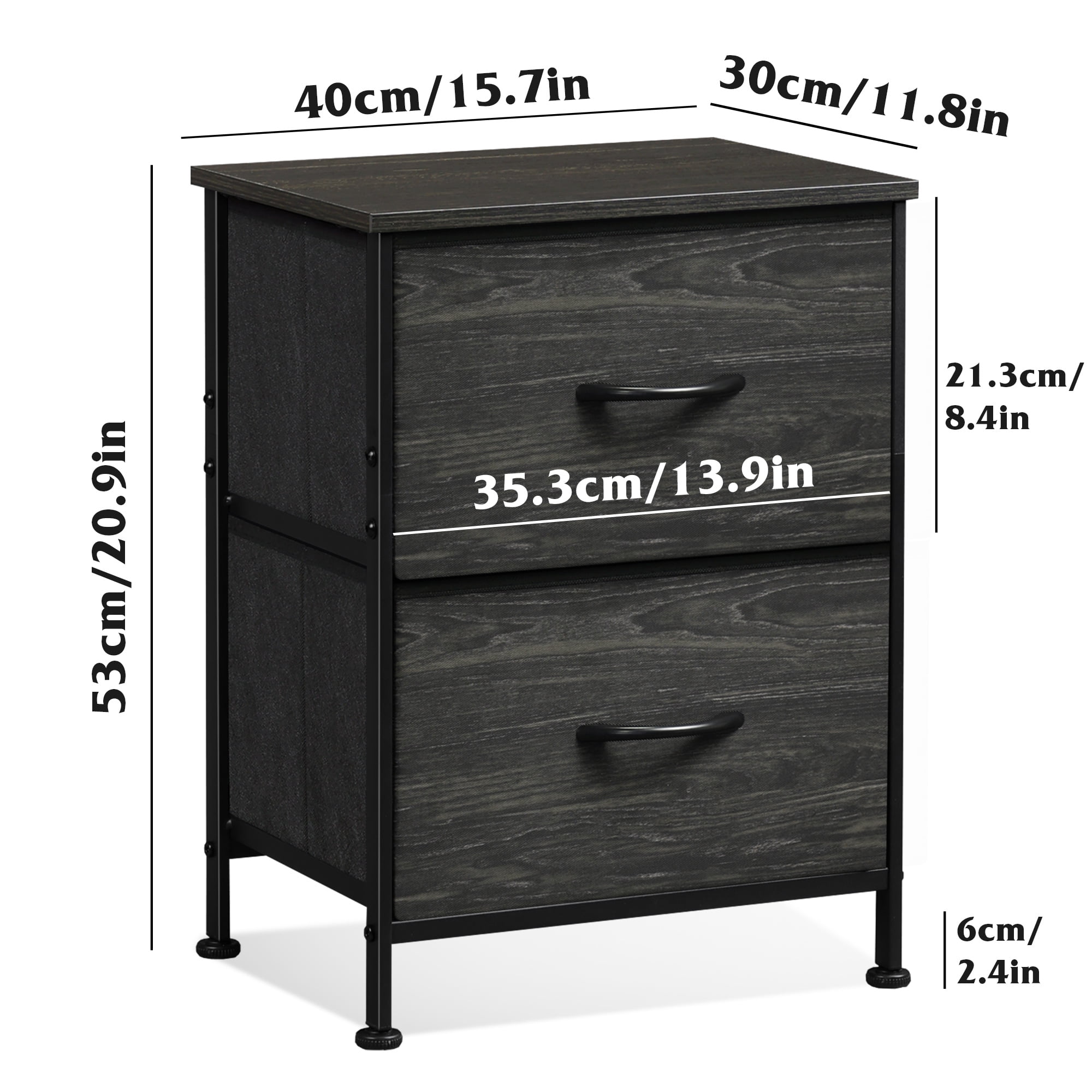 GALAXHERO Nightstand Set of 2 with 2 Fabric Drawers, Small Bedroom Dresser and Bedside Table for Dorm and Small Spaces, Charcoal Black Wood Grain Print