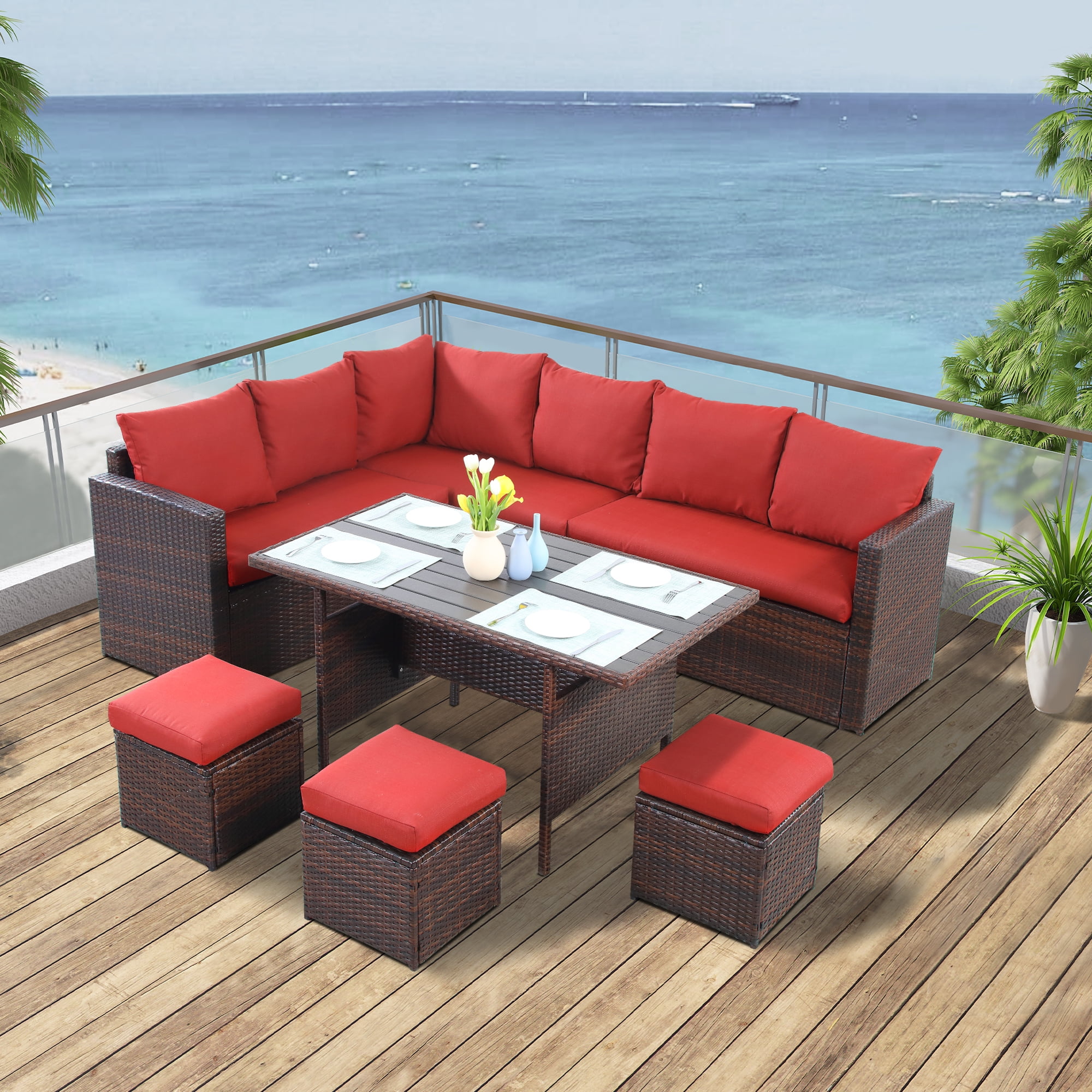 Superjoe Outdoor Patio Furniture Set, 7 Piece Outdoor Dining Sectional