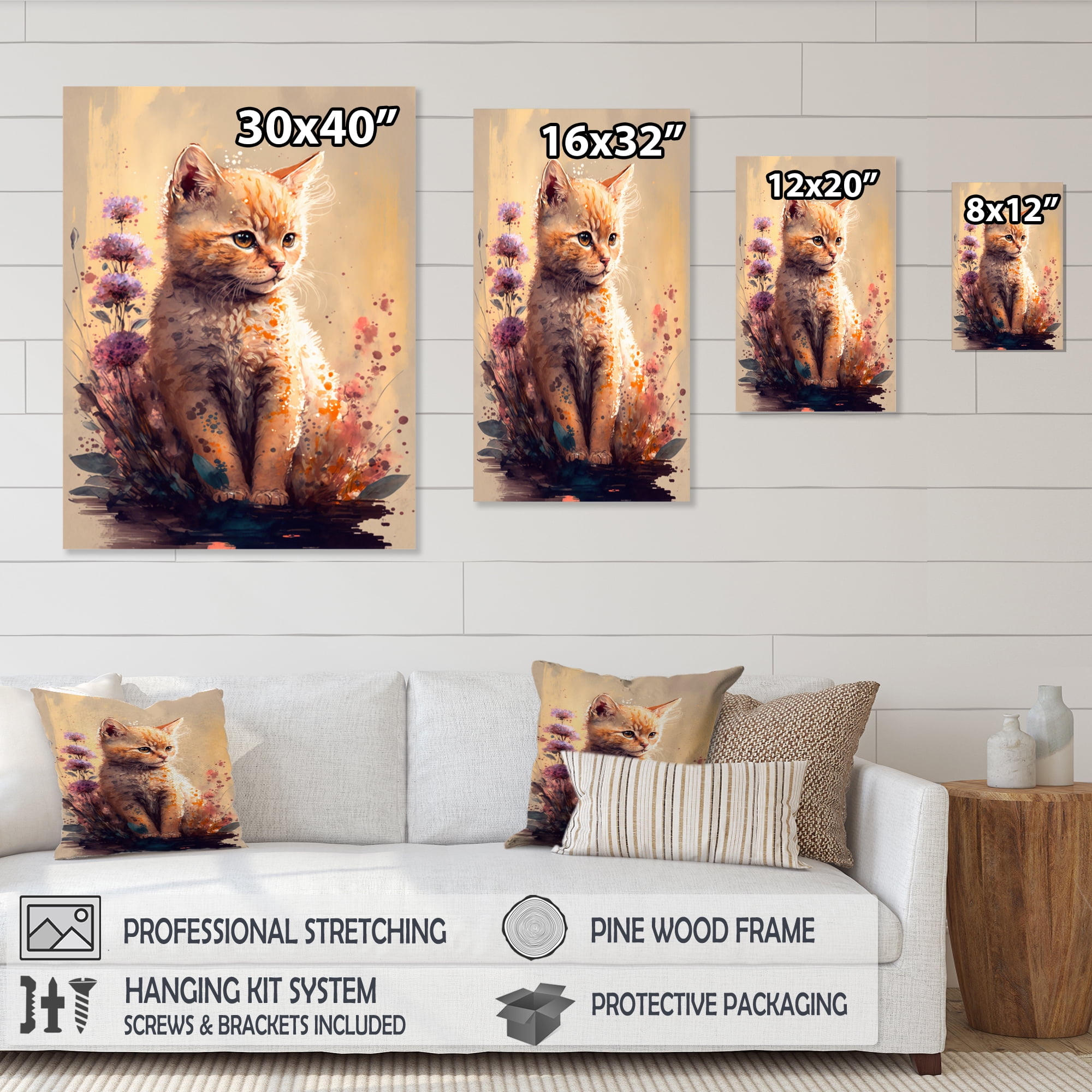 Designart Cute Cat Floral Art I Canvas Wall Art