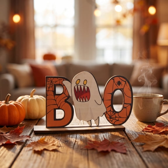 Halloween Home Decor, Halloween Mantel Decorations, Halloween Desk Decorations, Spooky Halloween Decor, 6X4 Inch Wooden Boo Ghost Pumpkin Ornament for Indoor Holiday Display