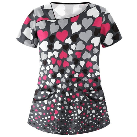 

GATXVG Scrubs Tops For Women Short Sleeve Vneck Heart Printed Holiday Working Uniforms Valentine s Day Shirts with Pocket