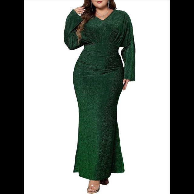Vestido de Noche para Mujer, con Purpurina, Larga, Escote en V, Ajustado, Formal, con Lentejuelas, Talla Grande Verde 4XL