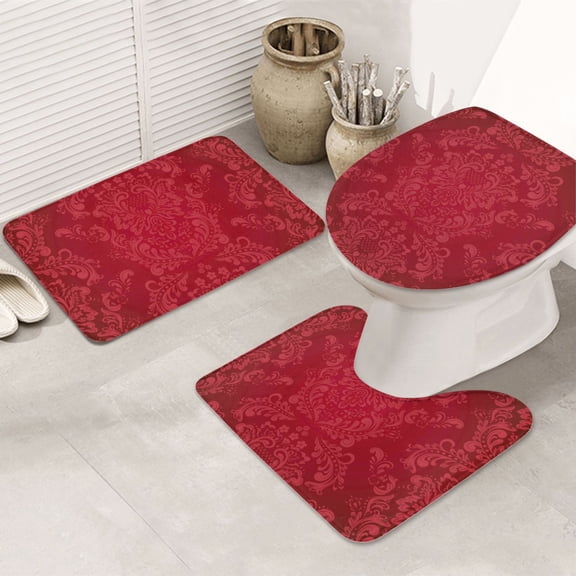 Bathroom Rugs Sets 3 Piece - Vintage Burgundy Absorbent Non Slip Bath Mats, U-Shape Toilet Lid Cover, Contour Mat, Soft Washable Shower Mats Bath Rug Mat for Bathroom Tub Toilet