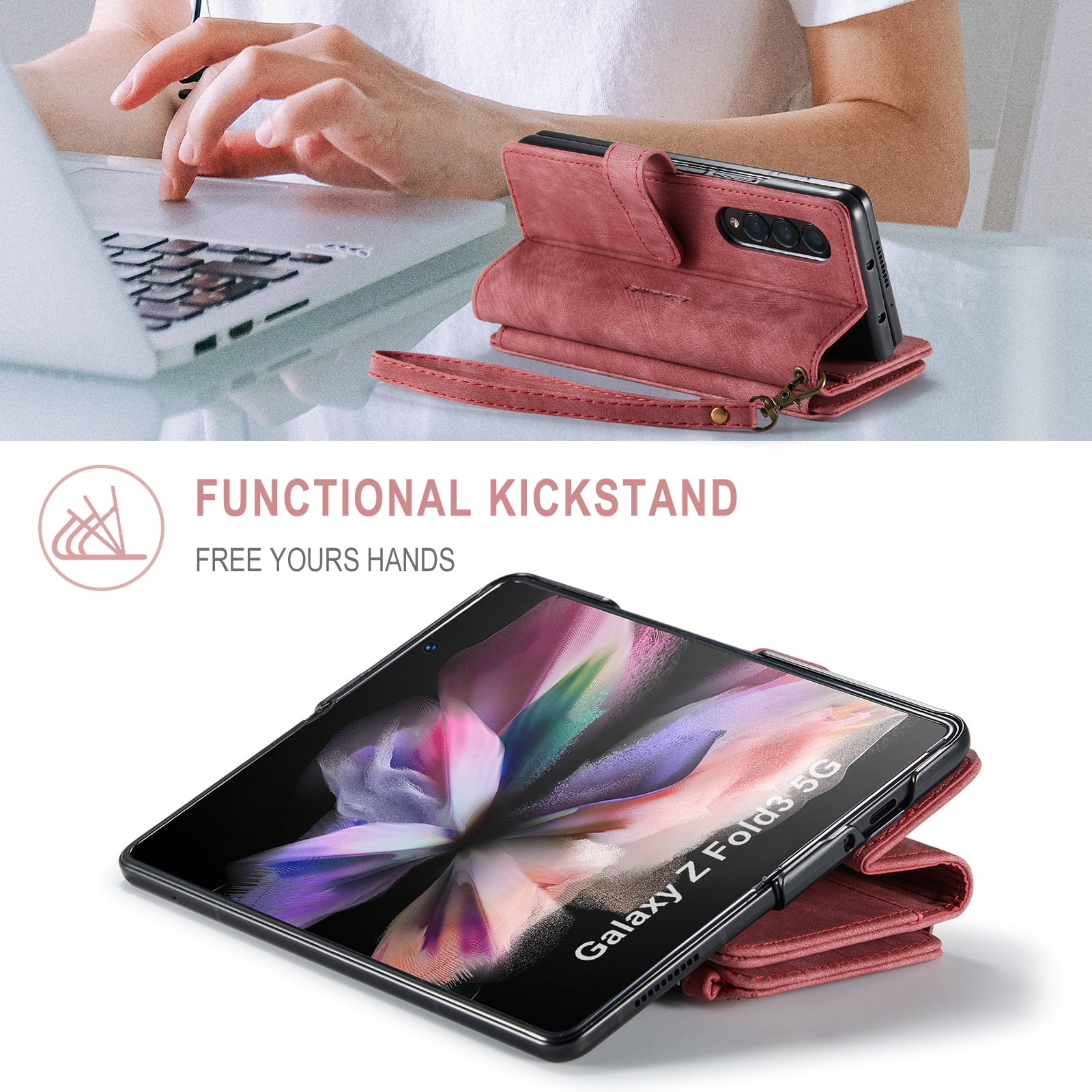 Dteck Galaxy Z Fold 3 Case, Dteck Heavy Duty Durable PU Leather Magnetic Wallet Flip Lanyard Strap Wristlet Zipper Card Holder Phone Case for Samsung Galaxy Z Fold 3 5G, Red