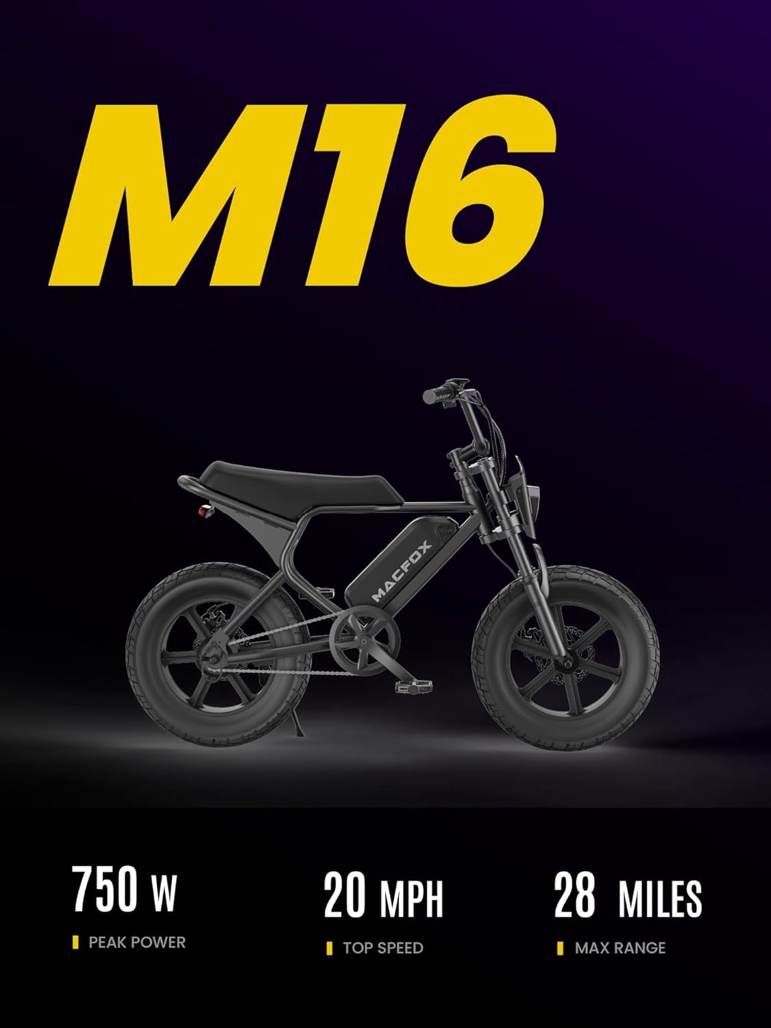 MACFOX M16 Ebikes for Teen Youths, Mini E Bike 750W Electric Bike Wheelie 20 MPH Max Speed, 25 Miles Range(PAS1), 16"x4" Fat Tires, City/School Commuting Electric Bike