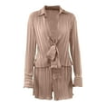 thumbnail image 4 of Womens 2 Piece Shorts Sets Fashion Dressy Long Sleeve Wrinkle Pleated Deep V Tie Front Shirt Top & Short Outfits (XL, Brown), 4 of 5