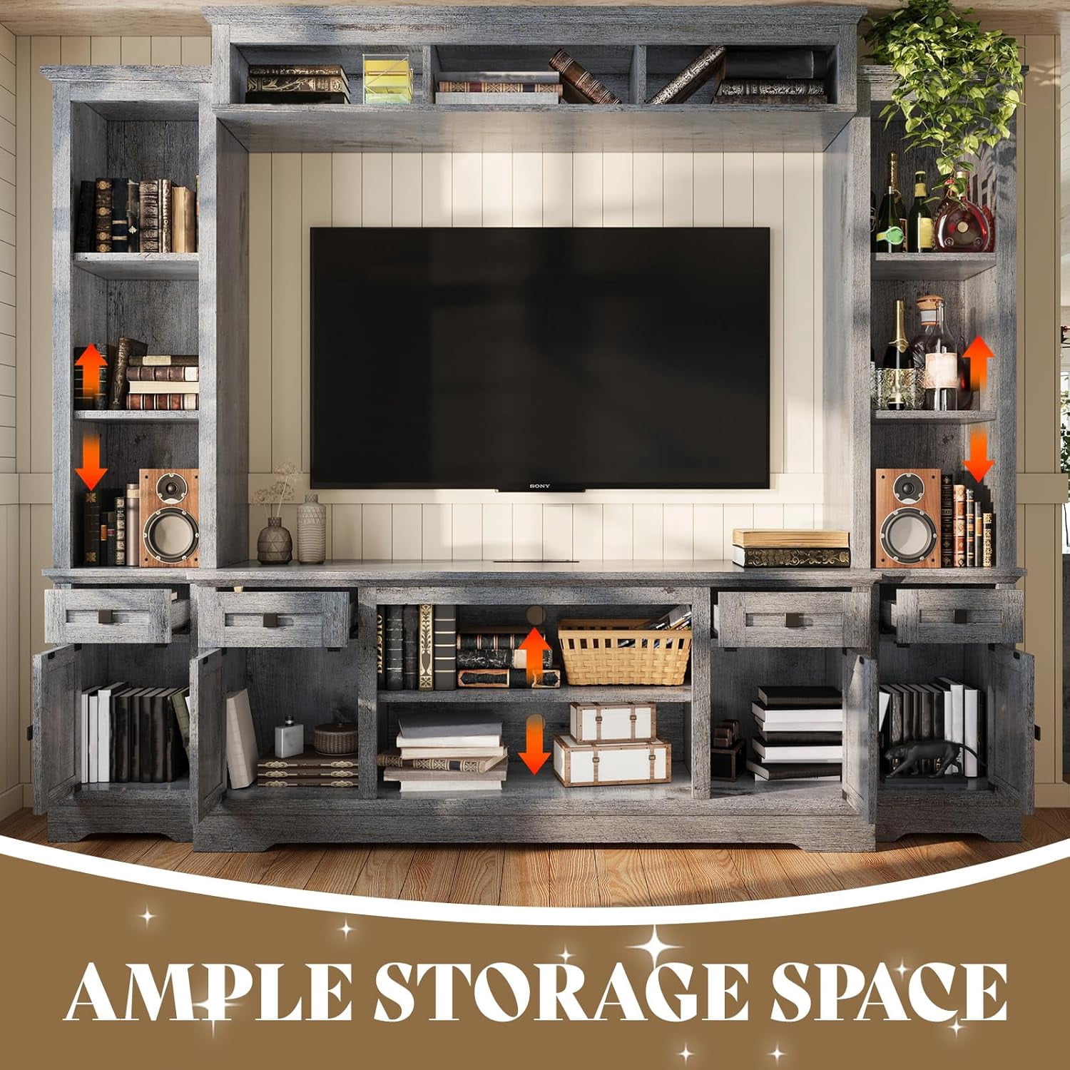 VANACC 98" Farmhouse TV Stand, Rustic Entertainment Center with Barn Door & Charging Station, Grey