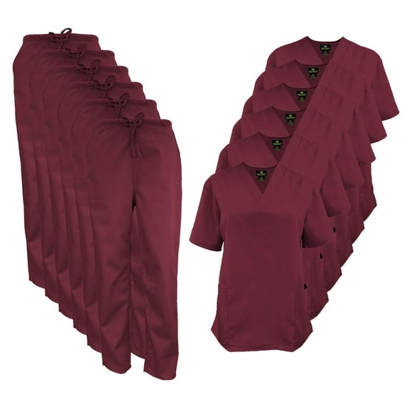 M&M SCRUBS Women Scrub Set V-Neck Medical Scrub Tops and Drawstring Pants - Pack of 6 Set (Burgundy, XX-Small)