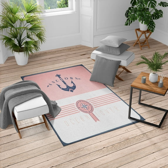 Nautical Turkish Area Rug, Vintage Marine Design for Ocean Lovers Anchor Compass and Stripes, Soft Carpet for Living Room Decor with Distressed Look, 5.2' X 7.6', Pale Pink, by Ambesonne