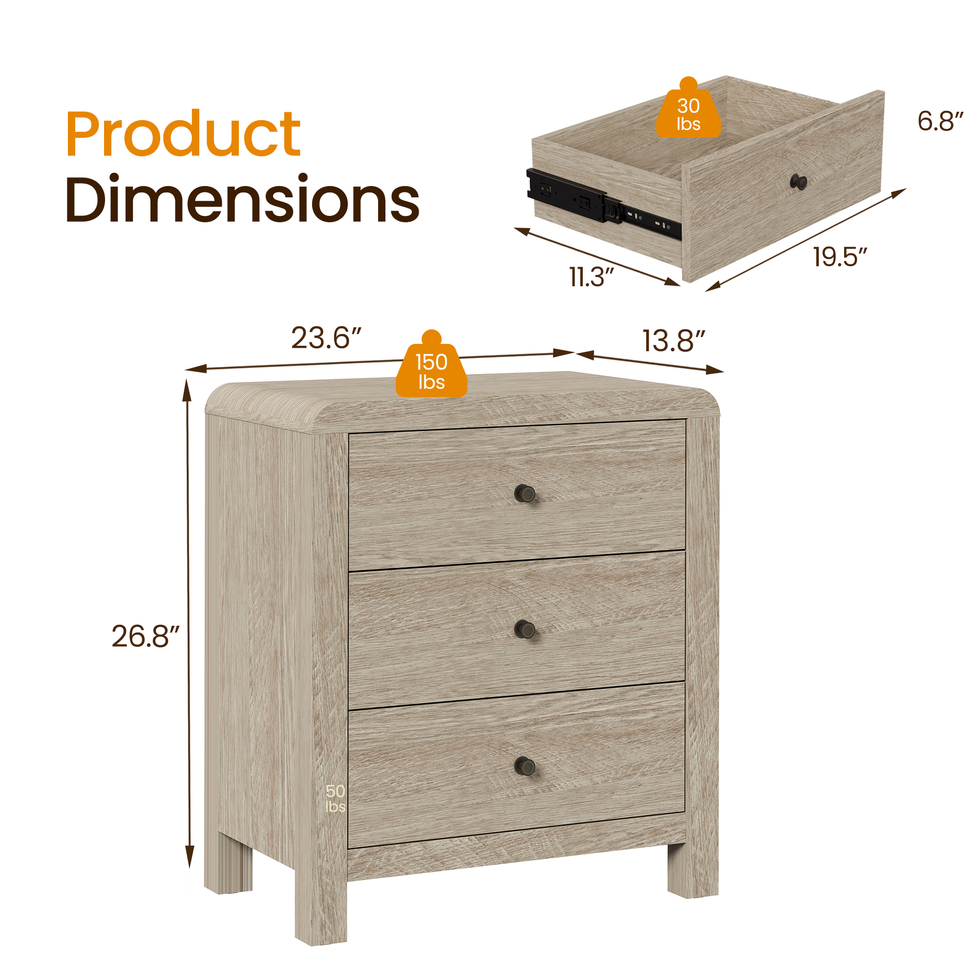 Heynemo 3 Drawer Dresser Set of 2, Large Nightstand with Rounded Table Corners, for Bedroom, Living Room, Entryway, Natural Wood