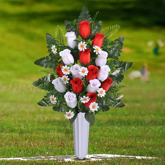 Waipfaru Artificial Cemetery Flowers with Vase,2 Pack Artificial Rose Lily Grave Bouquet,Silk Memorial Flowers for Cemetery Headstones Decoration