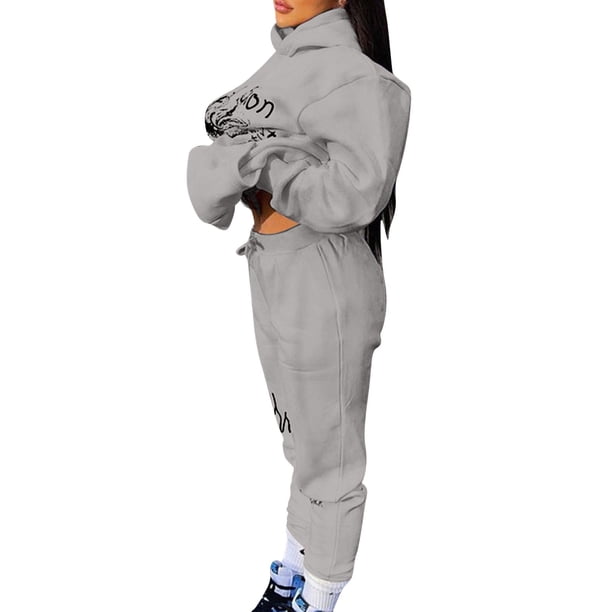 Gibobby Conjunto de sudadera y pantalones Trajes de jogging para mujer Conjunto de chándal de dos piezas con capucha y pantalones largos(Gris,M)