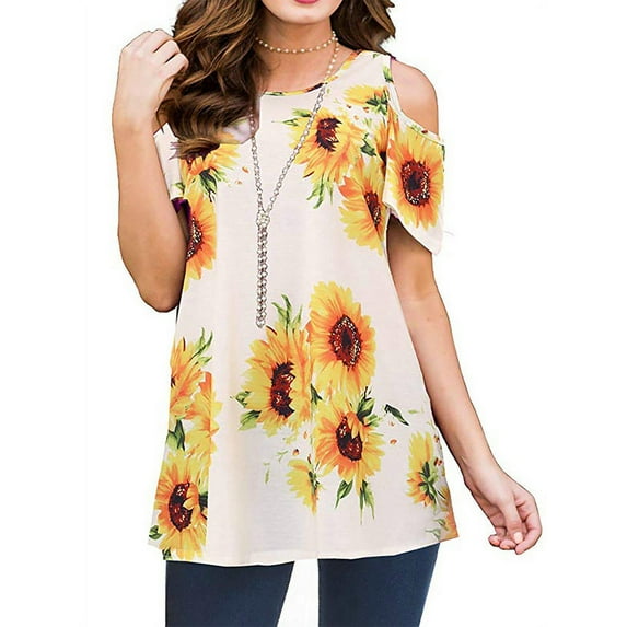 GORHGORH Summer Women Casual Open Shoulder Paisley Floral Print Short Sleeve Round Neck Blouse T-Shirt Top