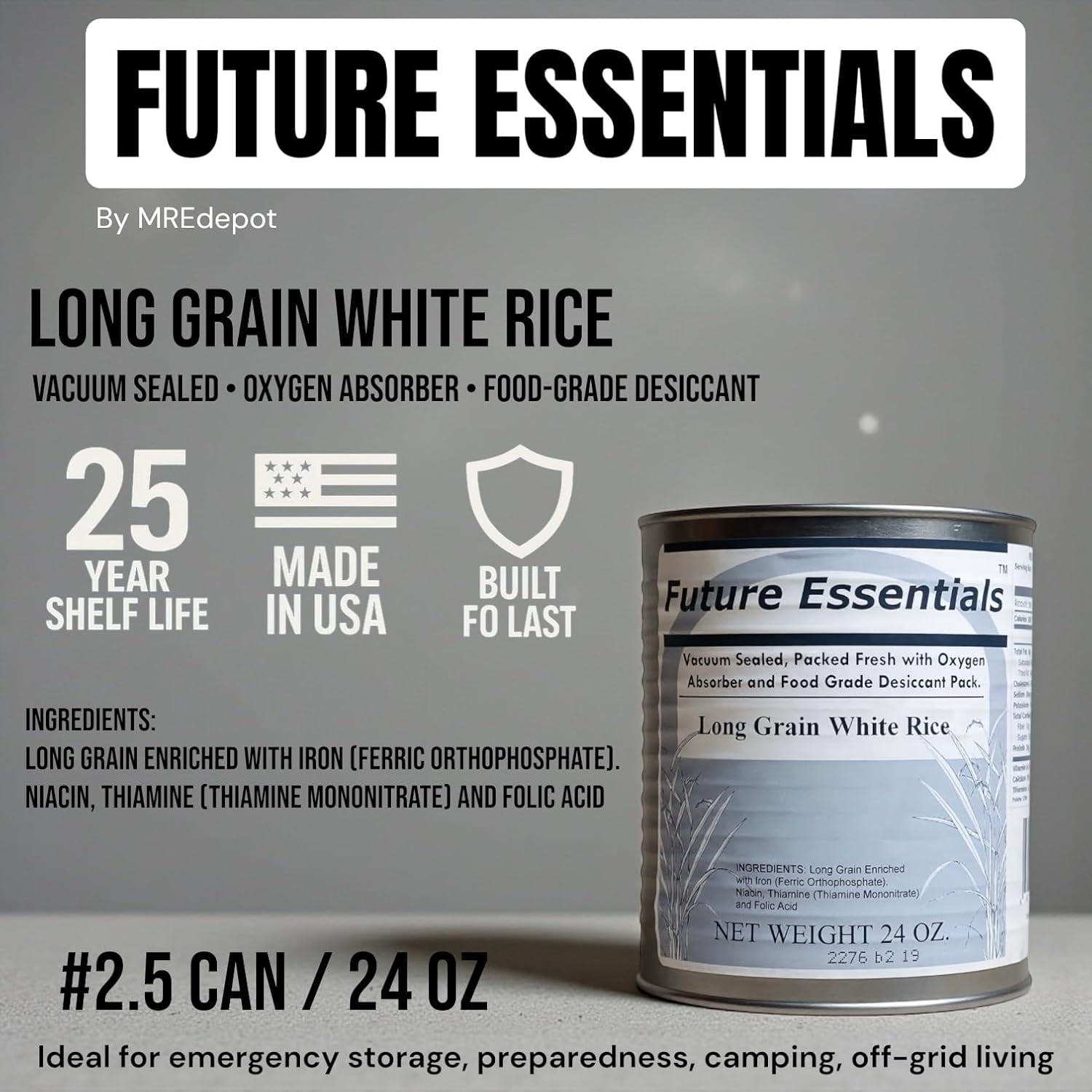 Future Essentials Long Grain White Rice 6 Pack (#2.5 Cans, 24 oz Each) – 25 Year Shelf Life Emergency Food, USA Grown Vacuum-Sealed Rice for Long-Term Storage & Preparedness