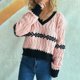 thumbnail image 5 of Ailaofu Women's Cable Knit Color Block Striped Sweater V Neck Long Sleeve Pullover Tops, 5 of 7