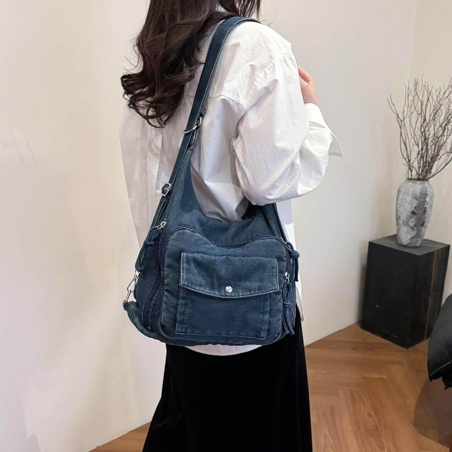 JennyShop Large Capacity Tote Purse with Multiple Pockets, High Quality Denim Shoulder Handbag, Classic Versatile Crossbody Bag