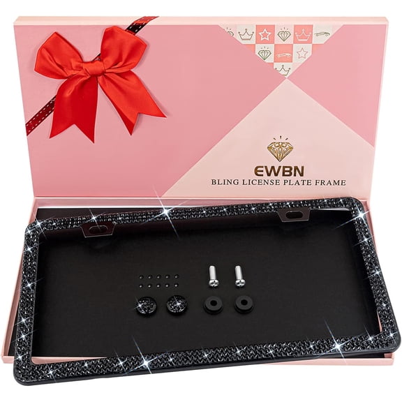 1Pack Bling Rhinestone License Plate Frame for Women,Diamond Sparkly License Plate Frames| Stainless Steel Frames & Over 1200 pcs Finest 14 Facets Black Glass Crystals Premium Diamond GiftBox(Black)