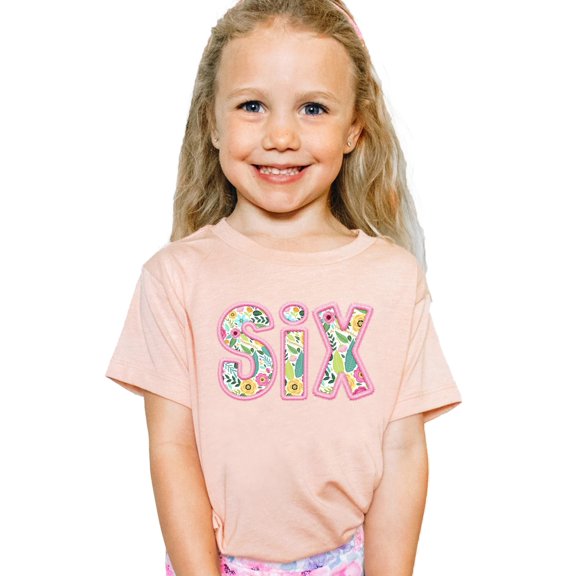 Six Ink-Printed Pink Embroidered Sixth Birthday Shirt for Girls Floral Age 6 Birthday Outfit Peach Shirt Youth Medium