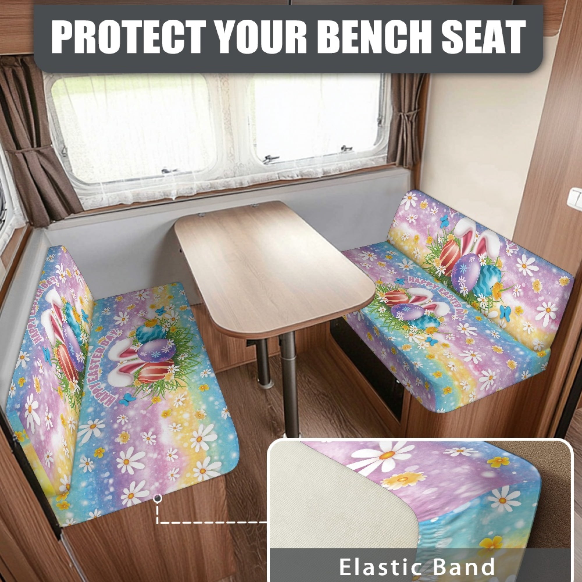 Yuyamidu Easter Egg RV Dinette Cushion Covers Booth Set Rabbit RV Cushion Slipcover 1 Bench Cover 1 Backrest Cover Stretch Camper Cushion Covers RV Couch Cover