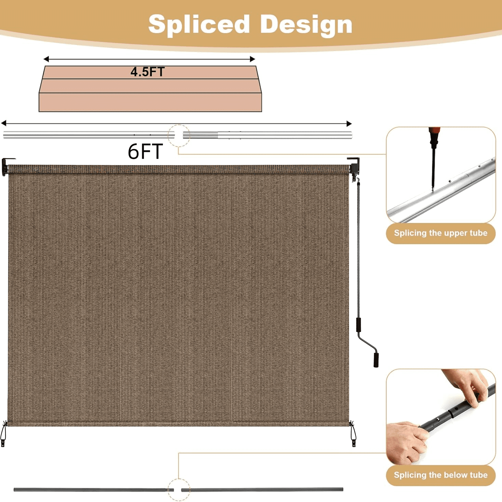TLGREEN Outdoor Roller Sun Shade 8' x 8', HDPE Shade Cloth, Aluminum Tube（Brown）