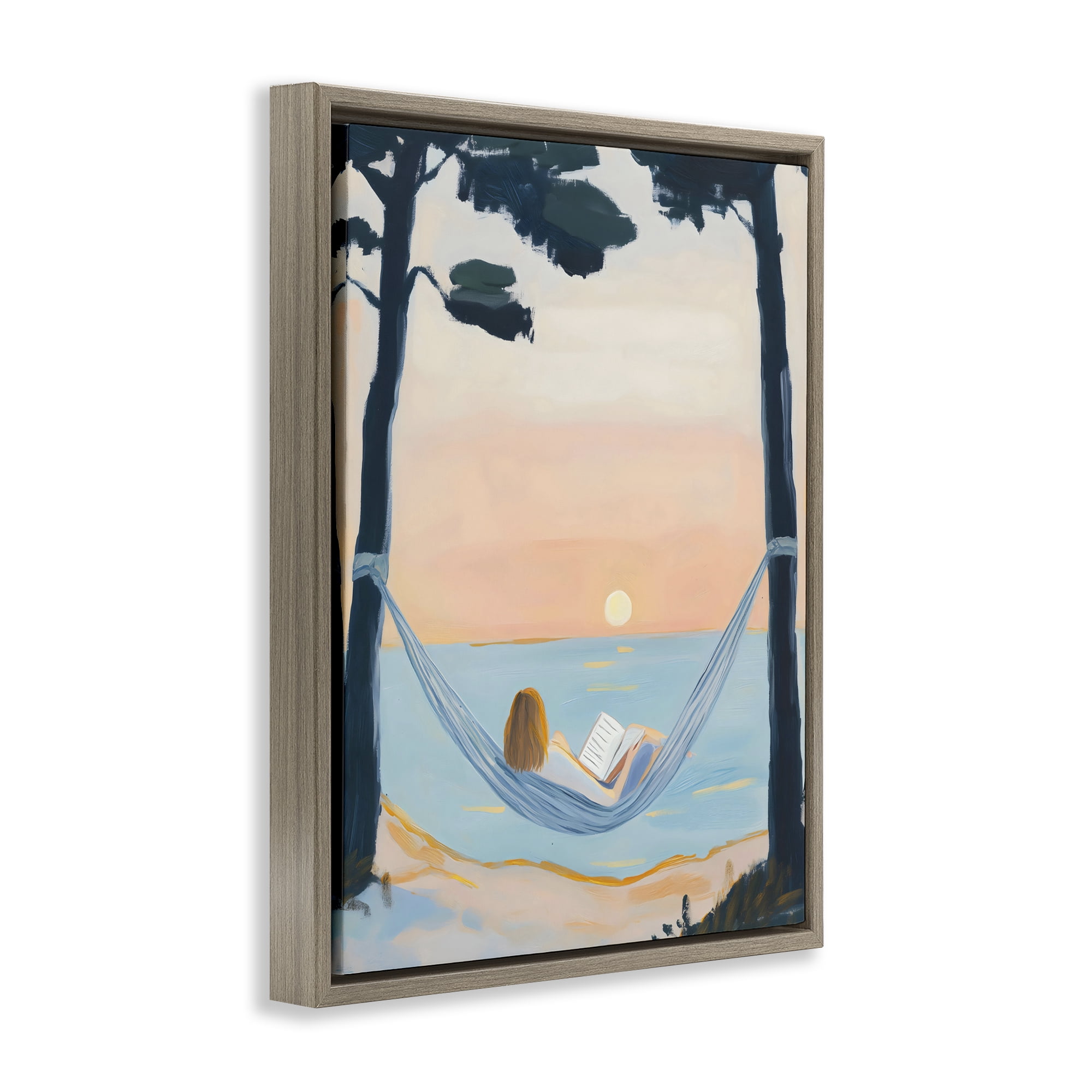 Stupell Industries Reading At Sunset in Hammock Brown Framed Floater Canvas Wall Art, design by The Prints Vibe