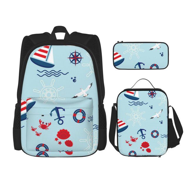 Easygdp Sailboats Anchors Mochila para Niños y Niñas con Set de Caja de Almuerzo y Estuche para Lápices 3 en 1, Mochila Escolar Estampada para Adolescentes