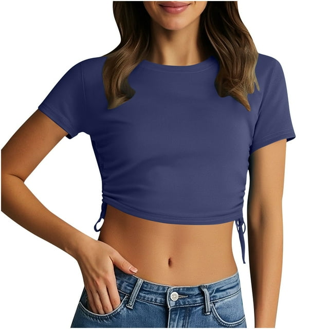 hotojiny Hauts Courts pour Femmes Doux Col Rond Manches Courtes Cordon Latéral Chemise Ajustée Unie Extensible Sortie Mode Urbaine Été Tendance