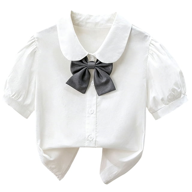 Odeerbi Camisa de Vestido de Algodón de Las Niñas Flor Bordado de Manga Corta Uniforme de La Escuela Con Bolsillo