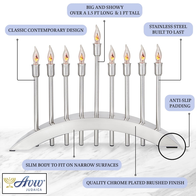 Brushed Stainless Steel Electric Menorah with Flickering Flames photo 2