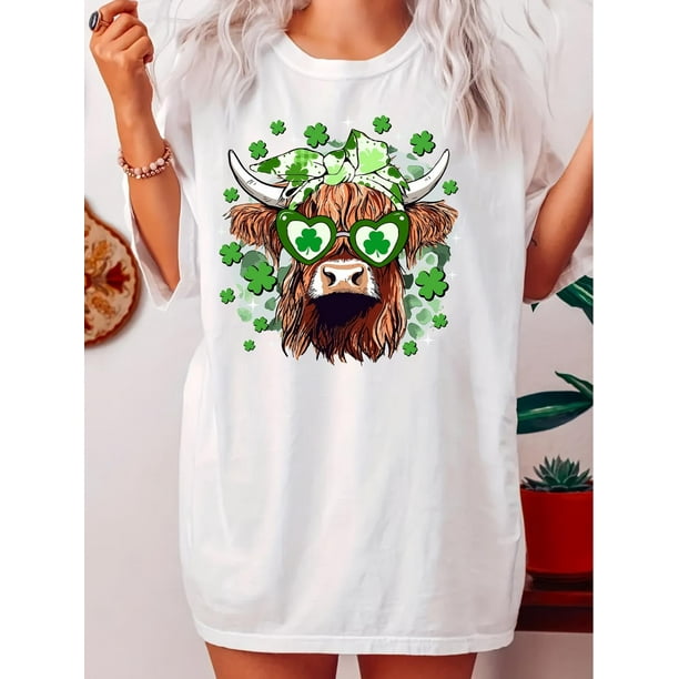 Camiseta del Día de San Patricio: Camiseta suave con estampado de trébol de San Patricio. Camiseta informal de manga corta y cuello redondo con divertido diseño de vaca de las Tierras Altas, detalles