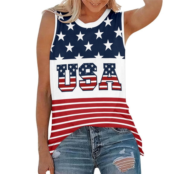Bainana Women Summer Casual Anniversary T Shirts USA Flag Print Crewneck Sleeveless Tank Top Ladies America 4th Of July 250 Years Birthday Graphic T-Shirt Size L