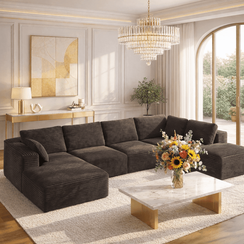 135" U/L Shaped Corduroy Modular Sofa, Frameless Memory Foam Deep Seating with Movable Ottoman, Black