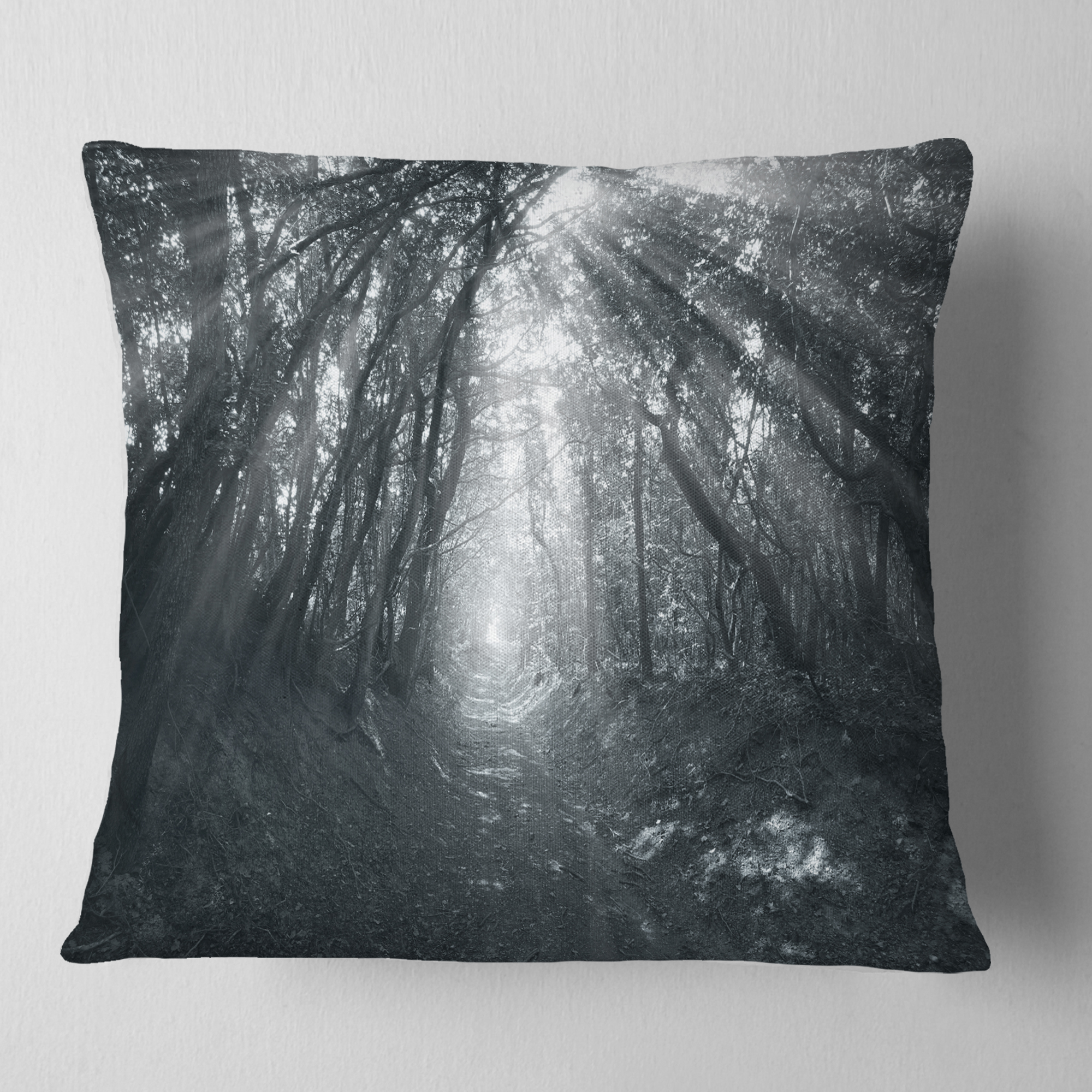 Designart Sun Rays Through Gray Trees - Landscape Photography Throw Pillow - 16x16