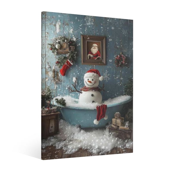 Vintage Christmas snowman in the bathtub Wall Art Paint - Retro Xmas Festive Winter Holiday Christmas Wall Decor Canvas for Living Room Kitchen Bathroom Home Bedroom Decor Framed