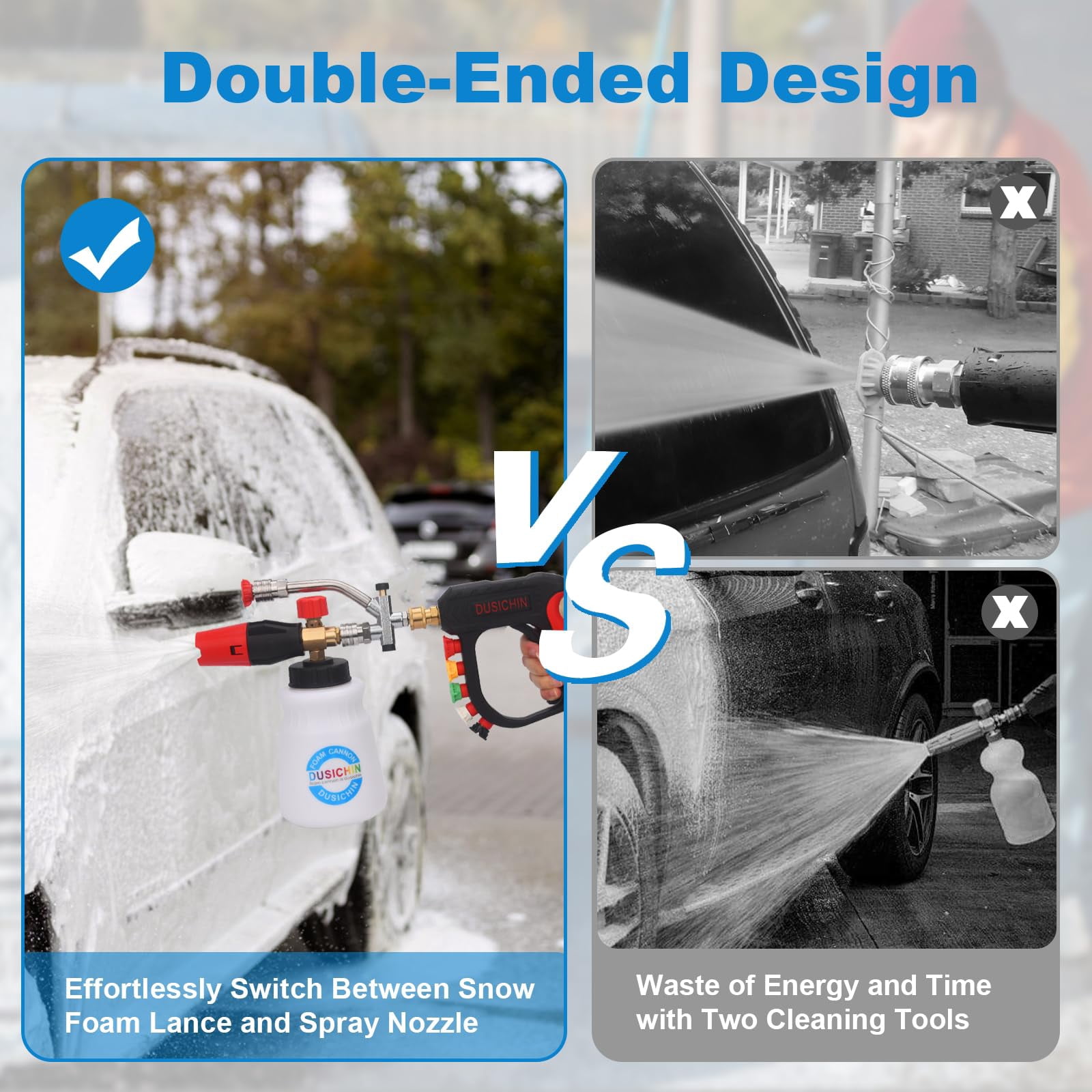 DUSICHIN Pressure Washer Short Gun Foam Cannon 1/4" Quick Connector,Car Wash Foam Gun Kit Dual Connector Accessory,Double Tip Attachment For Soap Cannon with 5 Nozzle Tips