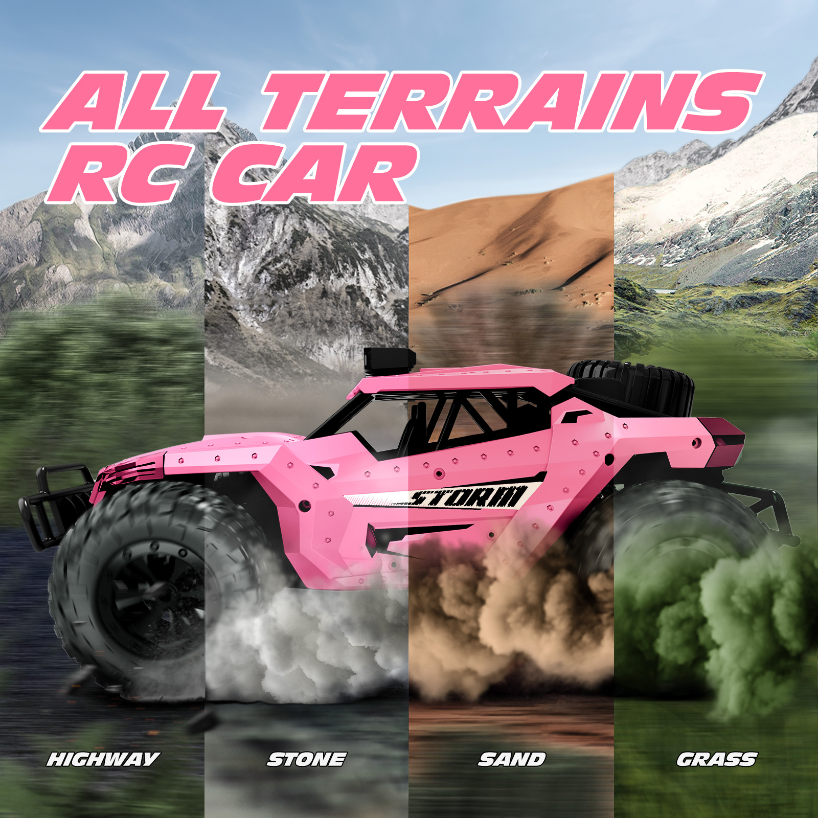 Tecnock Pink RC Car 1/16 Scale Remote Control Car for Girls, High Speed 20+ KM/H All Terrains Rc Monster Truck with Two Rechargeable Batteries & Head Chassis Lights Gift Toy for Kids Adults