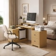 thumbnail image 6 of 67" Modern L Shaped Desk with Storage Cabinet & Drawers, Wood Home Office Desk with Power Outlets, Fluted Computer Writing Desk, Oak, 6 of 9