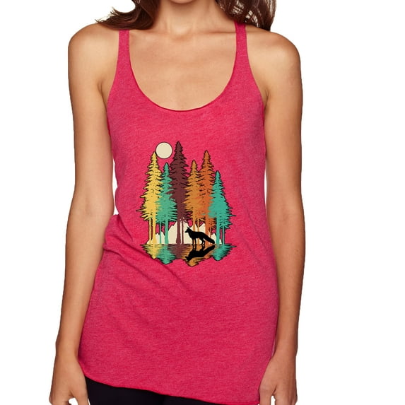 Trippy California Redwoods Forest Fox Silhouette | Womens Fashion Premium Tri-Blend Racerback Tank Top, Shocking Pink, X-Large
