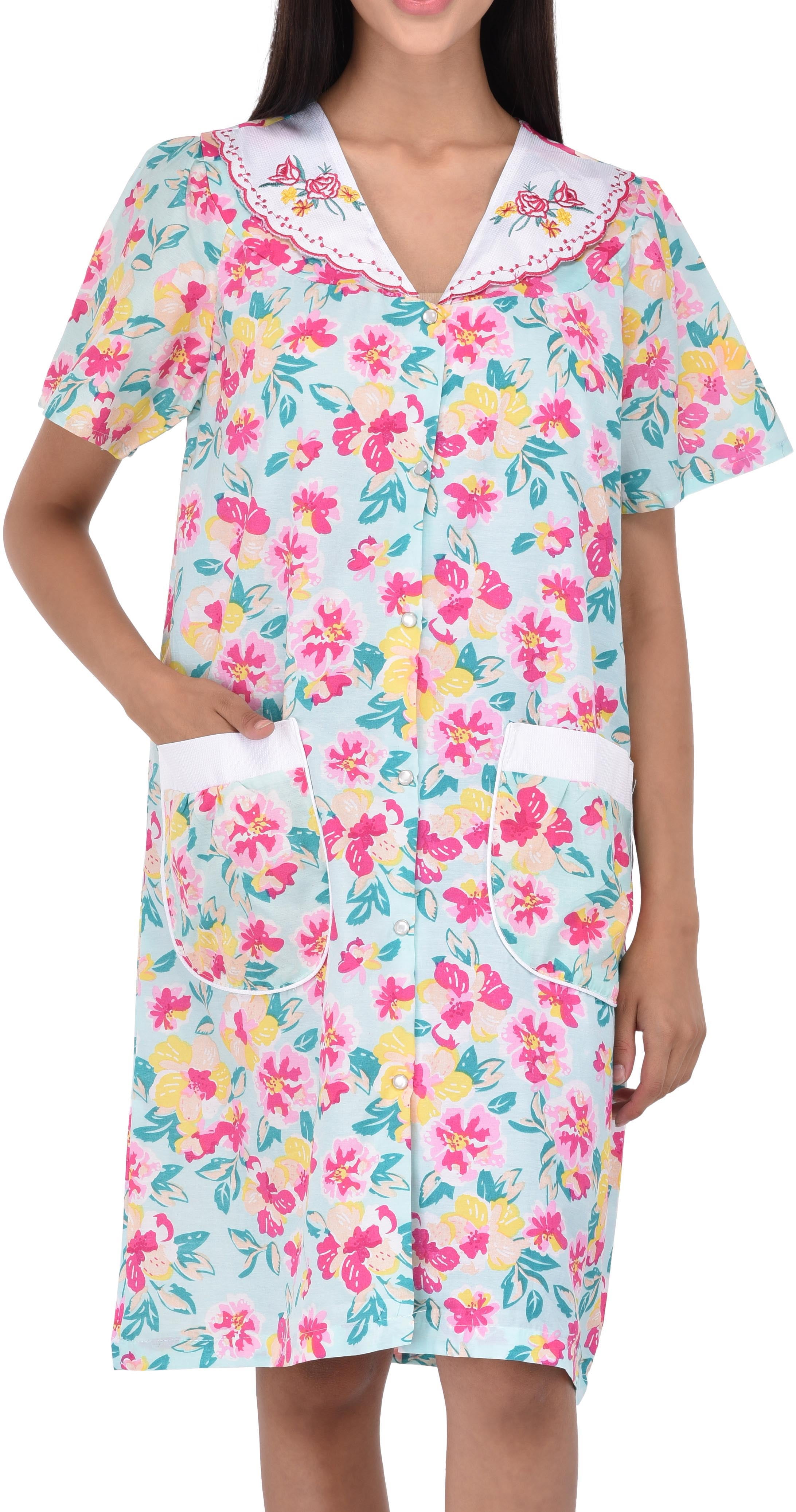 EZI Women's SnapUp Short Sleeve Cotton House Dress