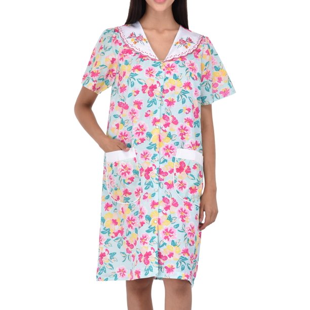 EZI Women's SnapUp Short Sleeve Cotton House Dress
